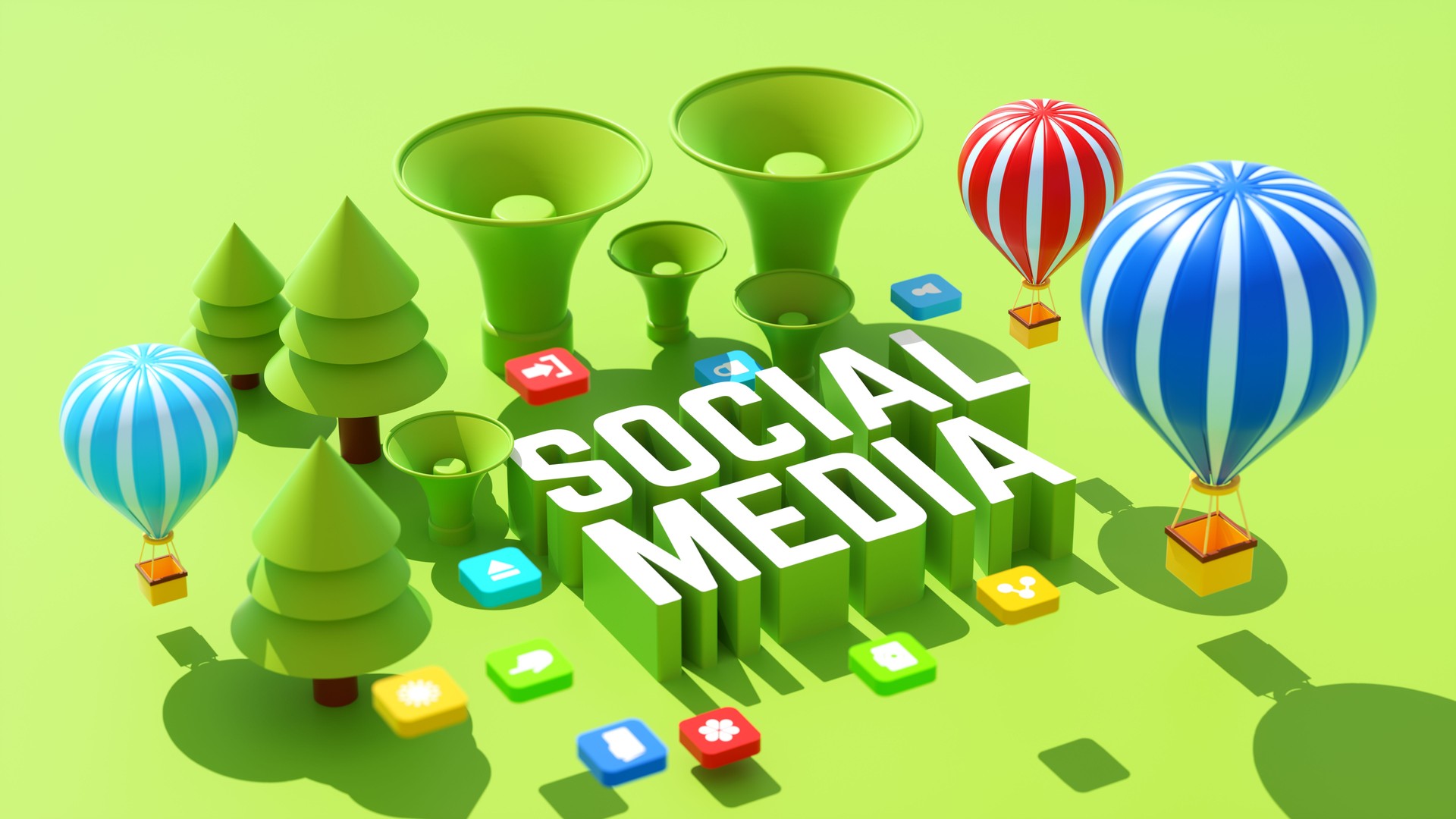 Social media concept with large white text SOCIAL MEDIA on a green background, colorful app icons, megaphones, and hot air balloons. Playful composition with vibrant colors and flat design elements. 3D isometric illustration.